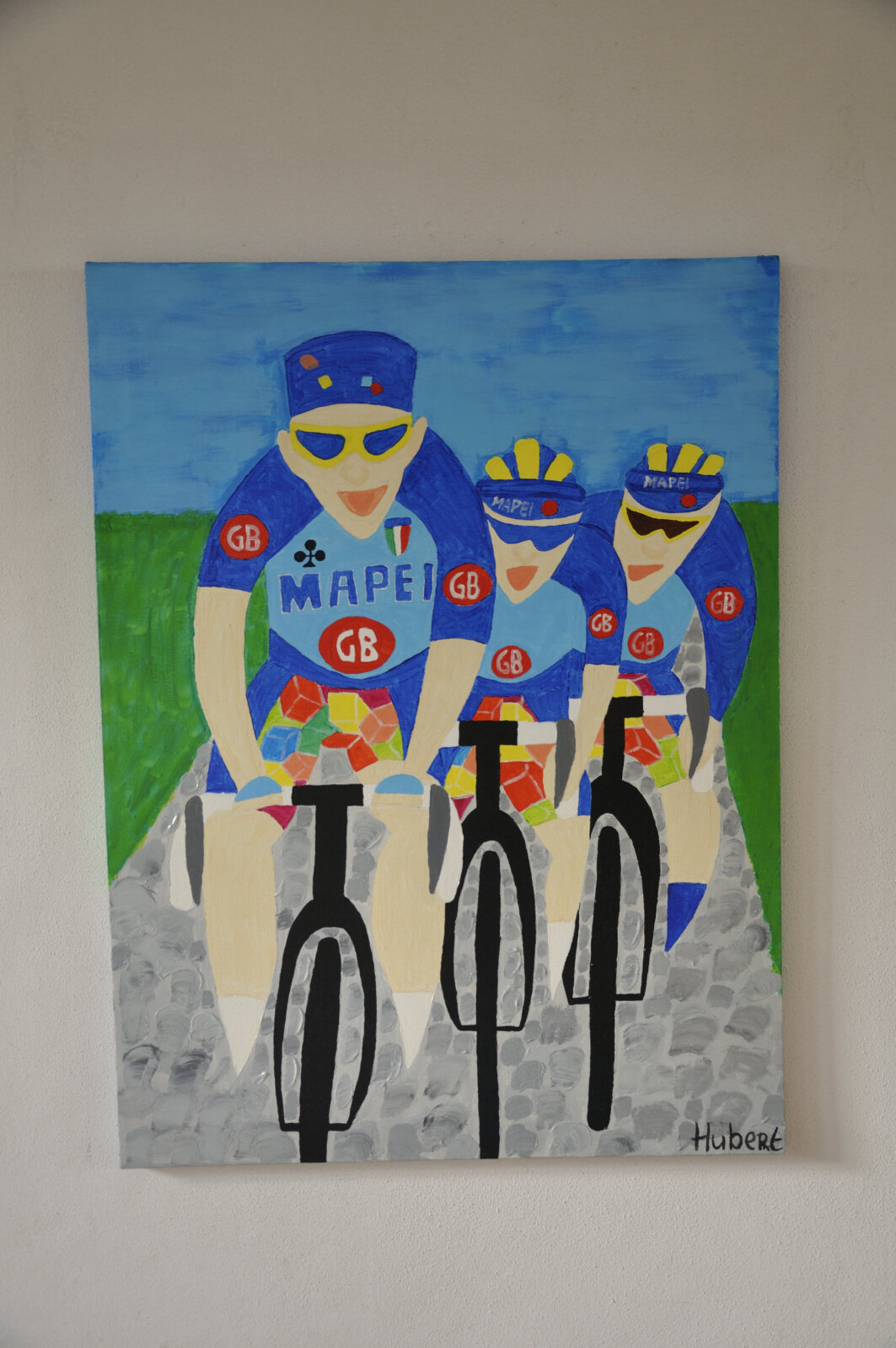 Museeuw Bortolami Tafi Naar Roubaix 1996 Schilderij Voor Yves Lampaert Door Hubert Van Soest