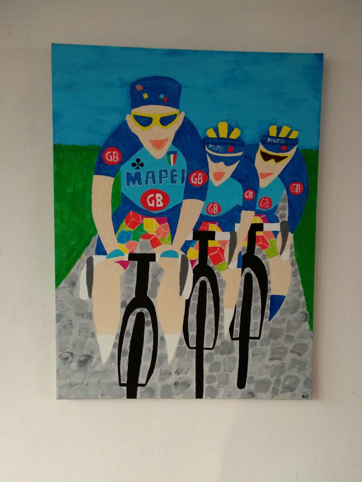 Schilderij Museeuw Bortolami Tafi Naar Roubaix 1996 Voor Yves Lampaert Door Hubert Van Soest